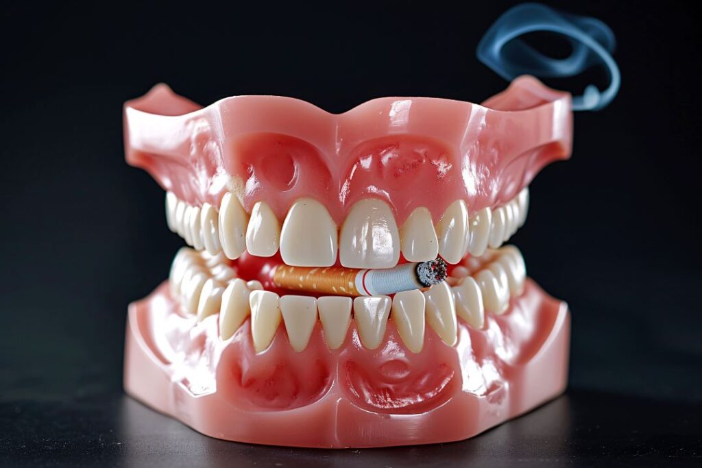 A pair of dentures with a cigarette.